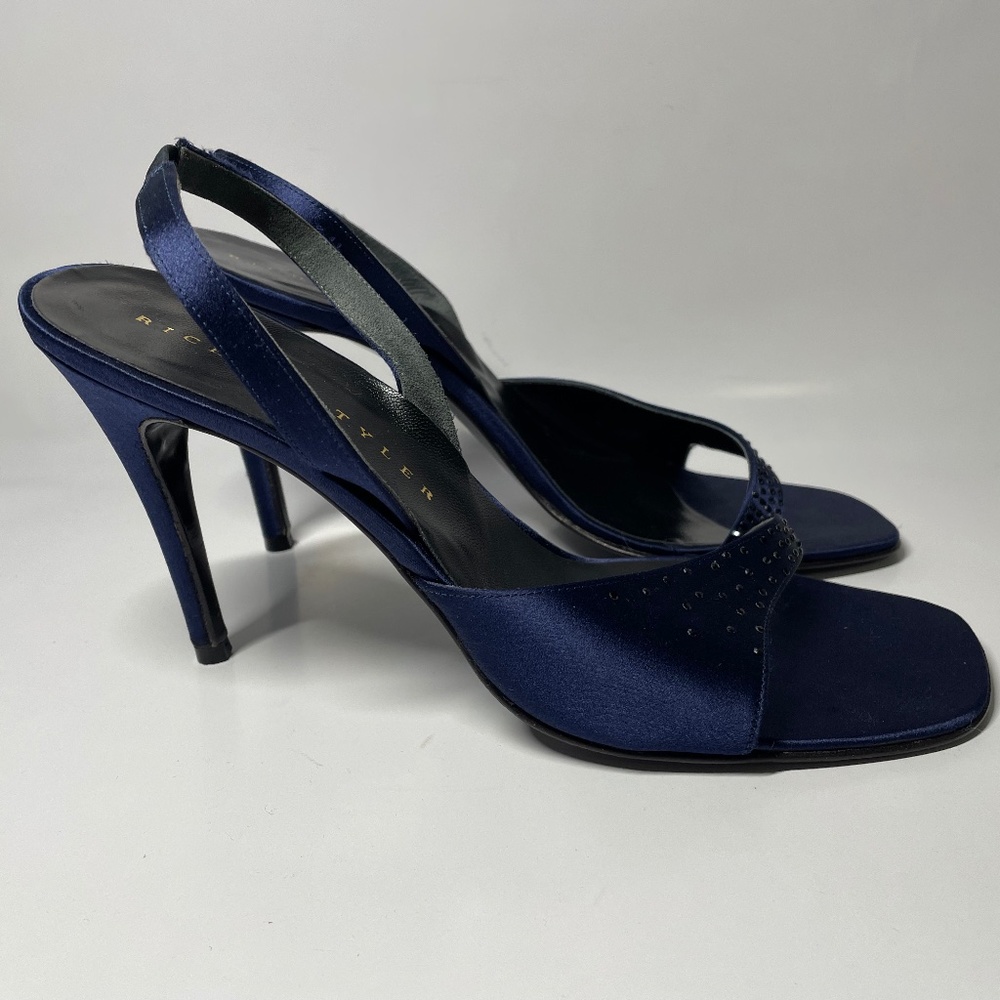 Richard Tyler Navy Blue Satin Fabric Jewel Strappy Slingback Heels Sandals 7.5 M
